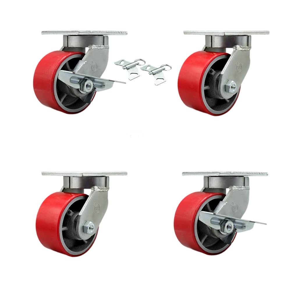Extra Heavy Duty 6”x3” Red Poly on Cast Iron Swivel Caster Set for Cranes,Gantries,Hoists,and Winches-2 with Swivel Locks and 2 with Side Lock Brakes-2,000lbs Per Caster-Set 4- Service Caster Brand