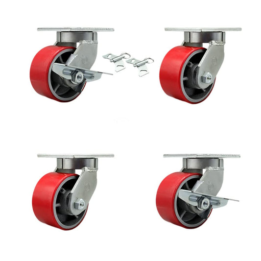 Extra Heavy Duty 6”x3” Red Poly on Cast Iron Swivel Caster Set for Cranes,Gantries,Hoists,and Winches-2 with Swivel Locks and 2 with Side Lock Brakes-2,000lbs Per Caster-Set 4- Service Caster Brand