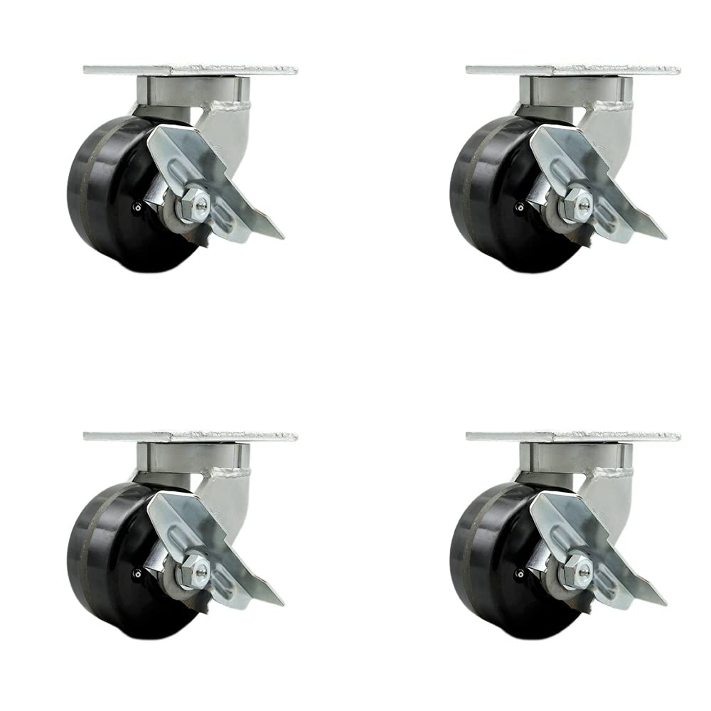 Extra Heavy Duty 6” x 3” Phenolic Swivel Caster Set for Cranes, Gantries, Hoists, and Winches - 4 Swivel Casters with Brakes and Bolt-On Locks-2,000 lbs Per Caster – Set of 4 - Service Caster Brand