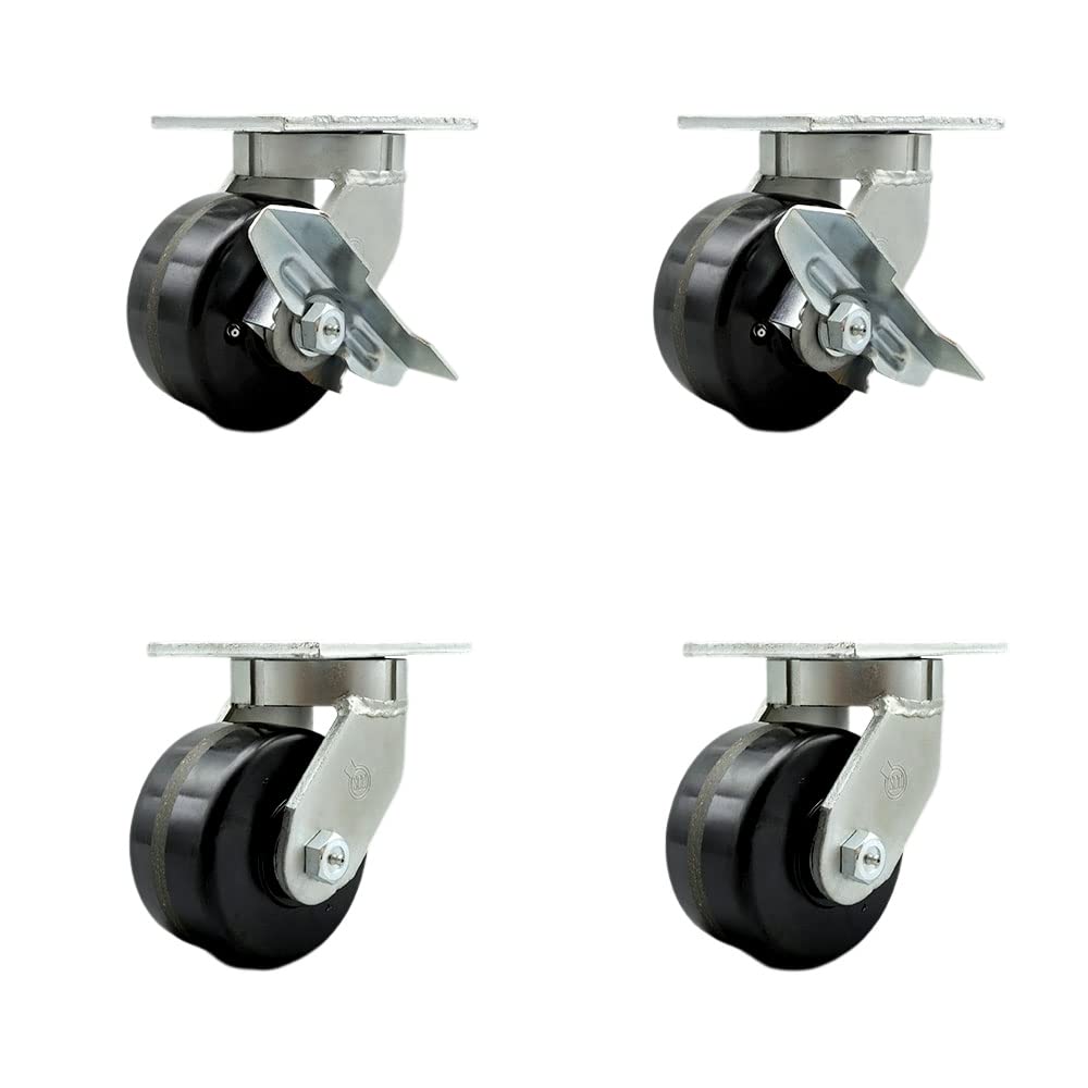 Extra Heavy Duty 6” x 3” Swivel Caster Set for Cranes, Gantries, Hoists, and Winches - 2 with Brake and Swivel Lock/2 with Swivel Lock - 2,000 lbs Per Caster - Set of 4 - Service Caster Brand