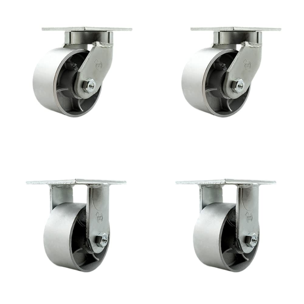 Extra Heavy Duty Kingpinless 6” x 3” Semi Steel Cast Iron Swivel Caster Set for Cranes, Gantries, Hoists, and Winches-2 Swivel and 2 Rigid Casters-2,500 lbs Per Caster-Set of 4 - Service Caster Brand