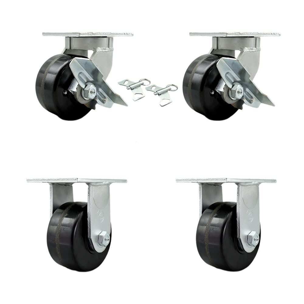 Extra Heavy Duty Kingpinless 6” x 3” Swivel Caster Set for Cranes, Gantries, Hoists, and Winches - 2 with Brake and Swivel Lock/2 Rigid - 2,000 lbs Per Caster - Set of 4 - Service Caster Brand