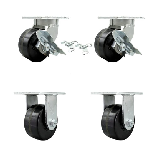 Extra Heavy Duty Kingpinless 6” x 3” Swivel Caster Set for Cranes, Gantries, Hoists, and Winches - 2 with Brake and Swivel Lock/2 Rigid - 2,000 lbs Per Caster - Set of 4 - Service Caster Brand