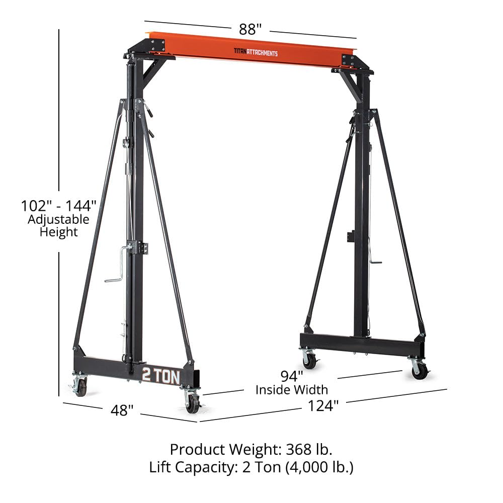 Titan Attachments Telescoping Gantry Crane, 2 Ton Capacity, Shop Lift Hoist Rated 4,000 LB, Portable Design with Locking Wheels, Adjustable Height up to 12 FT, Durable Steel Construction, Frame Only