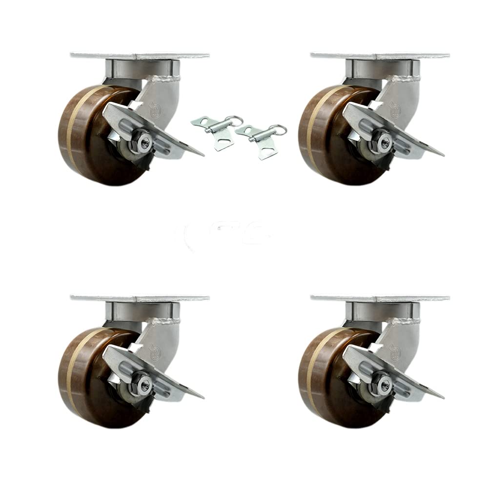 Extra Heavy Duty 6” x 3” High Temp Swivel Caster Set for Cranes, Gantries, Hoists, and Winches - 2 with Brake and Swivel Lock/2 with Brake - 2,000 lbs Per Caster -Set of 4-Service Caster Brand