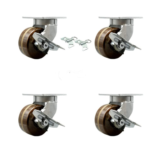 Extra Heavy Duty 6” x 3” High Temp Swivel Caster Set for Cranes, Gantries, Hoists, and Winches - 2 with Brake and Swivel Lock/2 with Brake - 2,000 lbs Per Caster -Set of 4-Service Caster Brand