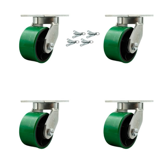 Extra Heavy Duty 6” x 3” Green Poly on Cast Iron Swivel Caster Set for Cranes, Gantries, Hoists, and Winches - 4 Swivel Casters with Bolt-On Locks -2,000 lbs Per Caster-Set of 4- Service Caster Brand