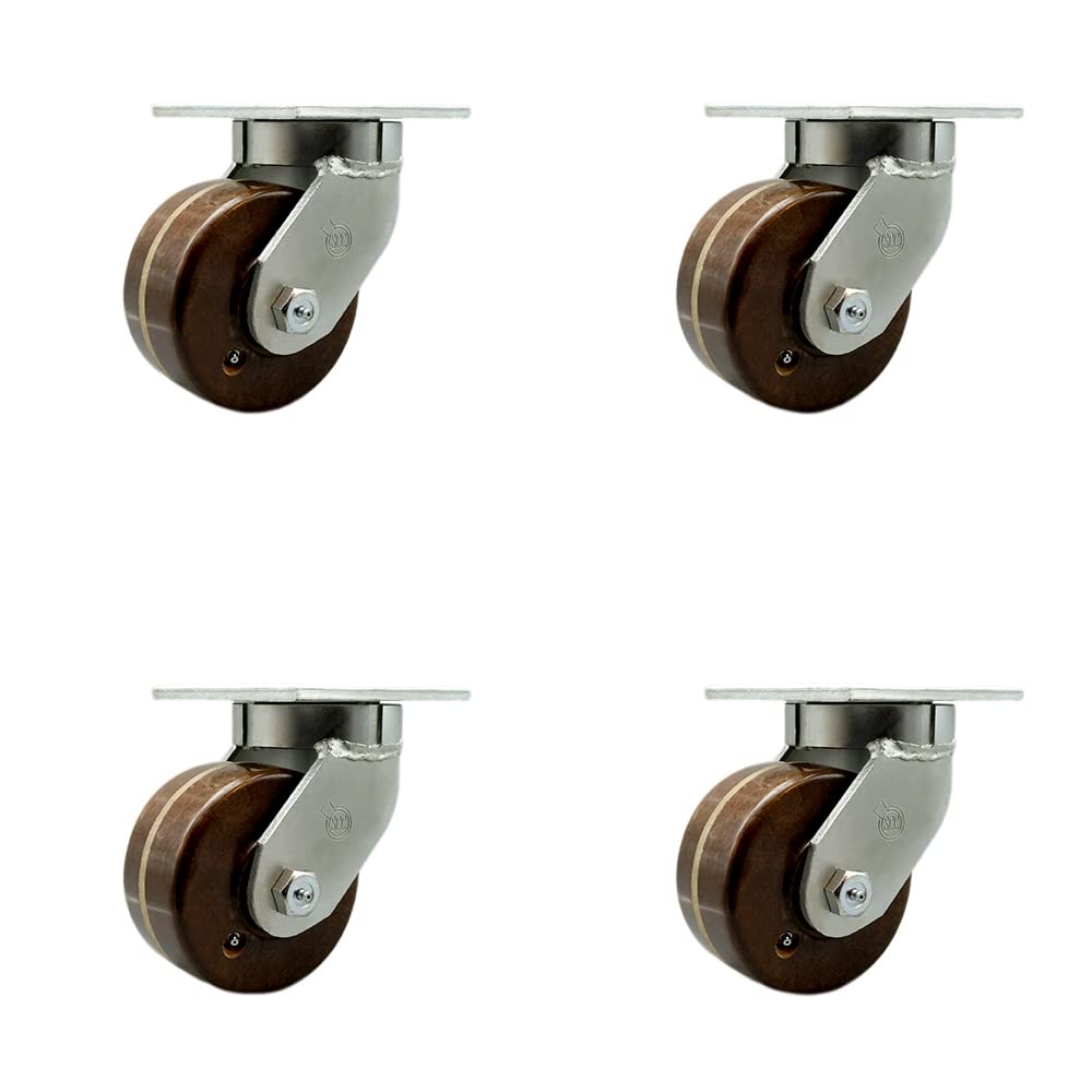 Extra Heavy Duty Kingpinless 6” x 3” High Temperature Phenolic Swivel Caster Set for Cranes, Gantries, Hoists, and Winches - 4 Swivel Casters - 2,000 lbs Per Caster – Set of 4 - Service Caster Brand