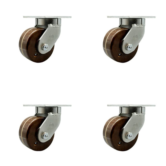 Extra Heavy Duty Kingpinless 6” x 3” High Temperature Phenolic Swivel Caster Set for Cranes, Gantries, Hoists, and Winches - 4 Swivel Casters - 2,000 lbs Per Caster – Set of 4 - Service Caster Brand