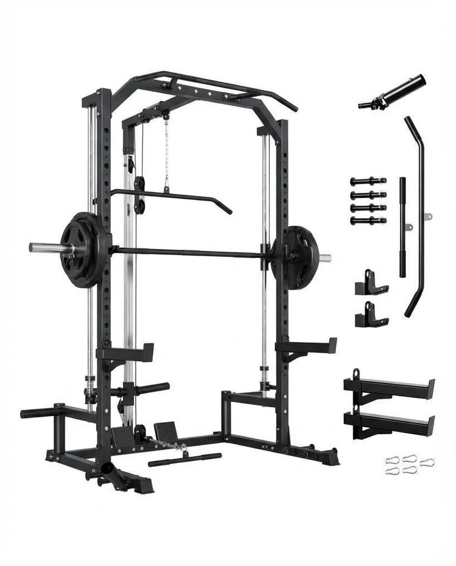 All in One Smith Machine Home Gym, Compact Functional Trainer with Cables & Bench, 1000LBS Capacity Smith Machine for Home, Adjustable Power Rack, Full-Body Strength Training Equipment, LAT Pulldown