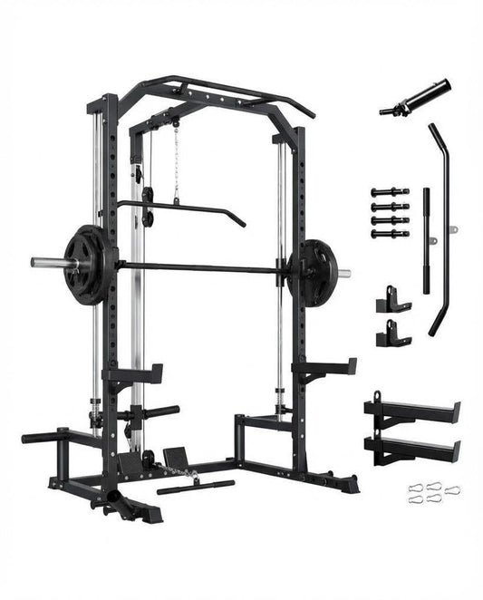 All in One Smith Machine Home Gym, Compact Functional Trainer with Cables & Bench, 1000LBS Capacity Smith Machine for Home, Adjustable Power Rack, Full-Body Strength Training Equipment, LAT Pulldown