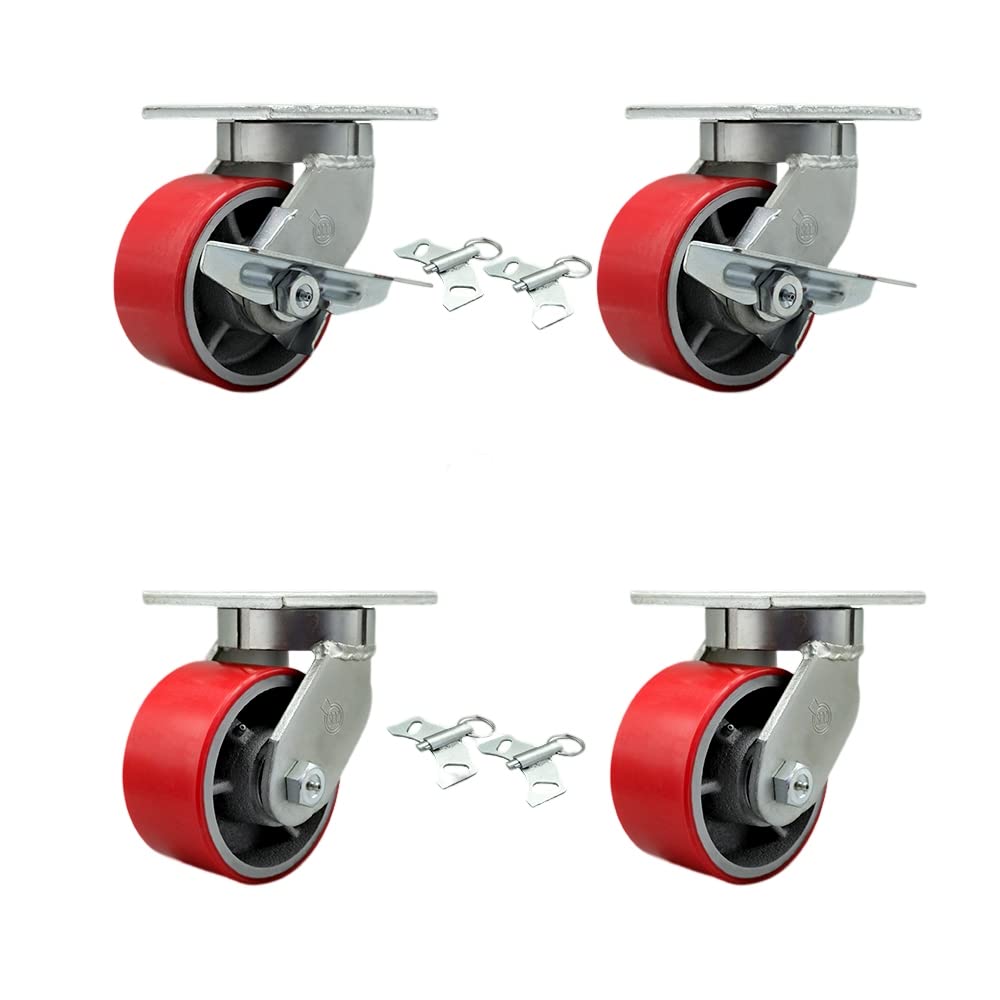 Extra Heavy Duty 6” x 3” Swivel Caster Set for Cranes, Gantries, Hoists, and Winches - 2 with Brake and Swivel Lock/2 with Swivel Lock - 2,000 lbs Per Caster - Set of 4 - Service Caster Brand