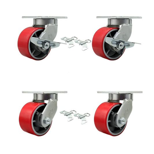 Extra Heavy Duty 6” x 3” Swivel Caster Set for Cranes, Gantries, Hoists, and Winches - 2 with Brake and Swivel Lock/2 with Swivel Lock - 2,000 lbs Per Caster - Set of 4 - Service Caster Brand