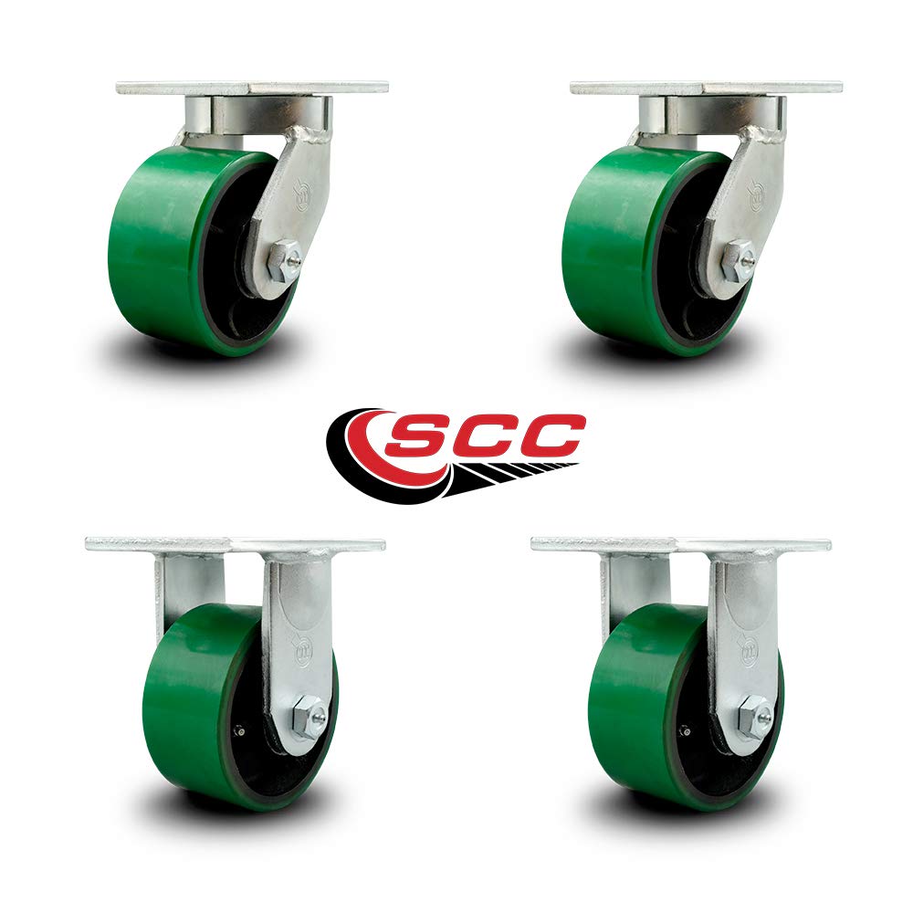 Extra Heavy Duty Kingpinless 6”x3” Green Poly on Cast Iron Swivel Caster Set for Cranes, Gantries, Hoists, and Winches-2 Swivel and 2 Rigid Casters-2,000lbs Per Caster-Set of 4-Service Caster Brand