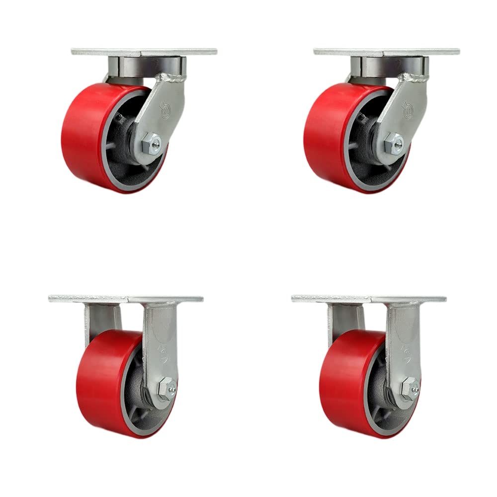 Extra Heavy Duty 6”x3” Red Poly on Cast Iron Swivel Caster Set for Cranes,Gantries,Hoists,and Winches-2 Swivel with Bolt-On Locks and 2 Rigid -2,000 lbs Per Caster-Set of 4 - Service Caster Brand