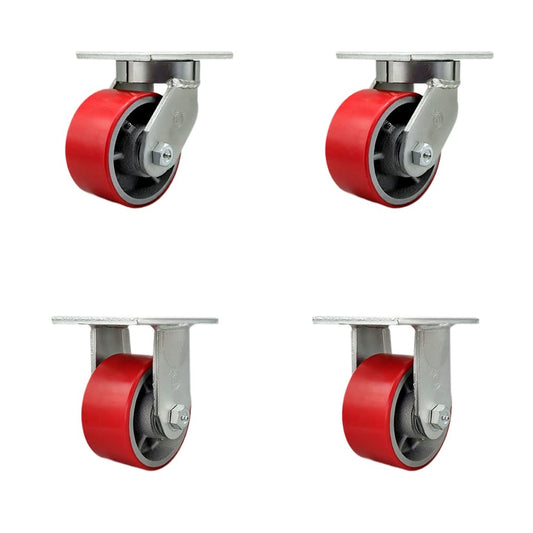 Extra Heavy Duty 6”x3” Red Poly on Cast Iron Swivel Caster Set for Cranes,Gantries,Hoists,and Winches-2 Swivel with Bolt-On Locks and 2 Rigid -2,000 lbs Per Caster-Set of 4 - Service Caster Brand