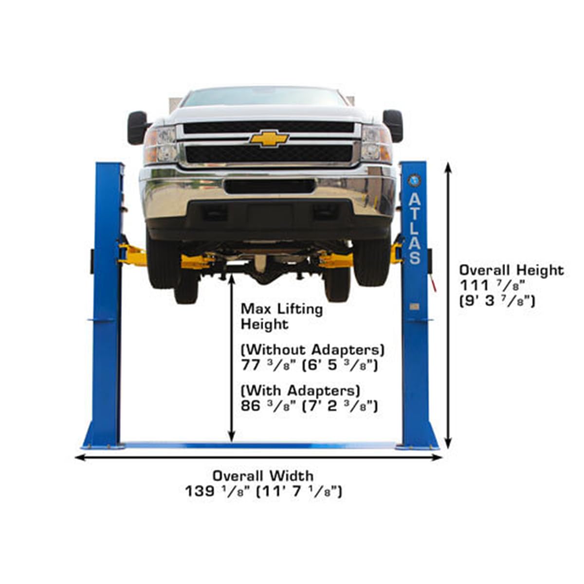 Atlas Automotive Equipment BP10000X 2-Post Commercial Grade Vehicle Lift, Baseplate, Open-top Style, 9’6” Minimum Ceiling Height, 10,000lb Capacity, Super Symmetric Arms, for Low Ceiling Garage Use