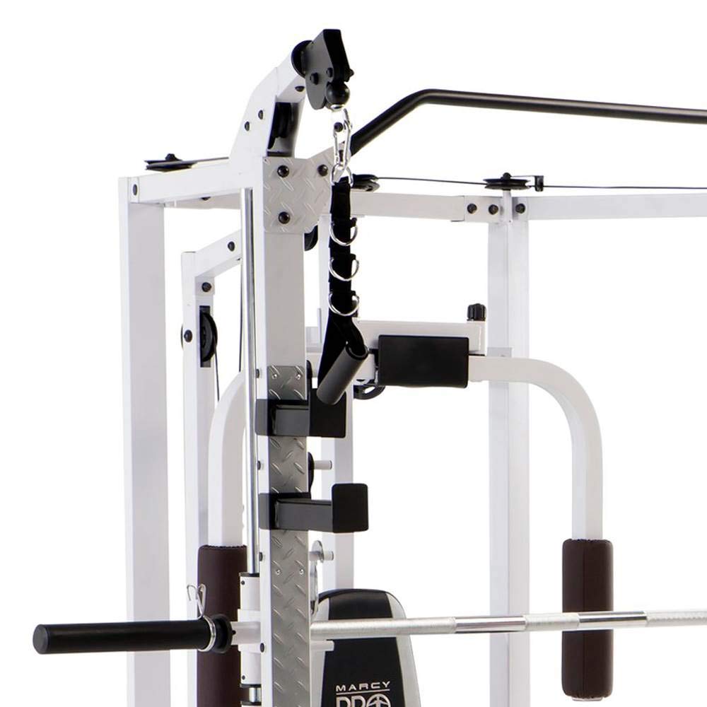 Marcy Combo Smith Cage Machine Full Body Training Home Gym System with Leg Developer, Padded Workout Bench, and Strength Training Weight Bar, White