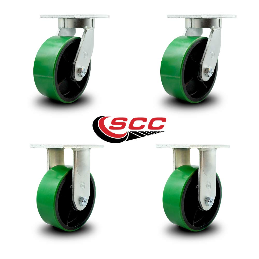 Extra Heavy Duty Kingpinless 8”x3” Green Poly on Cast Iron Swivel Caster Set for Cranes, Gantries, Hoists, and Winches-2 Swivel and 2 Rigid Casters-2,500lbs Per Caster-Set of 4-Service Caster Brand