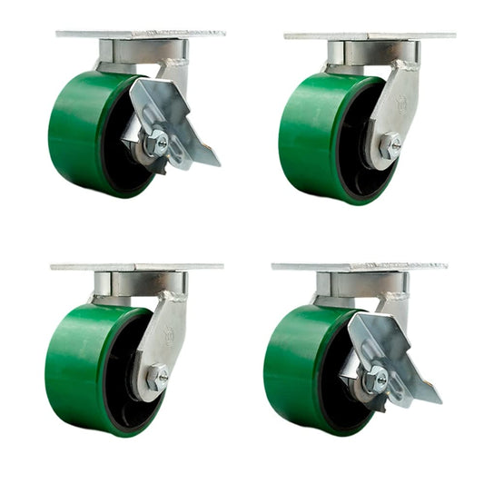 Extra Heavy Duty 6”x3” Green Poly on Cast Iron Swivel Caster Set for Cranes,Gantries,Hoists,and Winches-2 with Swivel Locks and 2 with Side Lock Brakes-2,000lbs Per Caster-Set 4- Service Caster Brand