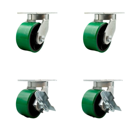 Extra Heavy Duty 6” x 3” Green Poly on Cast Iron Swivel Caster Set for Cranes, Gantries, Hoists, and Winches - 4 Swivel with 2 Side Lock Brakes -2,000 lbs Per Caster–Set of 4 - Service Caster Brand
