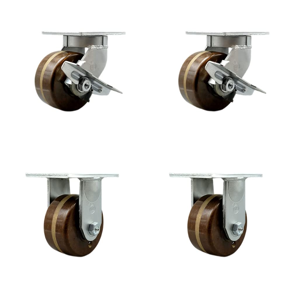 Extra Heavy Duty 6” x 3” High Temp Swivel Caster Set for Cranes, Gantries, Hoists, and Winches - 2 with Brake and Swivel Lock/2 Rigid - 2,000 lbs Per Caster -Set of 4-Service Caster Brand