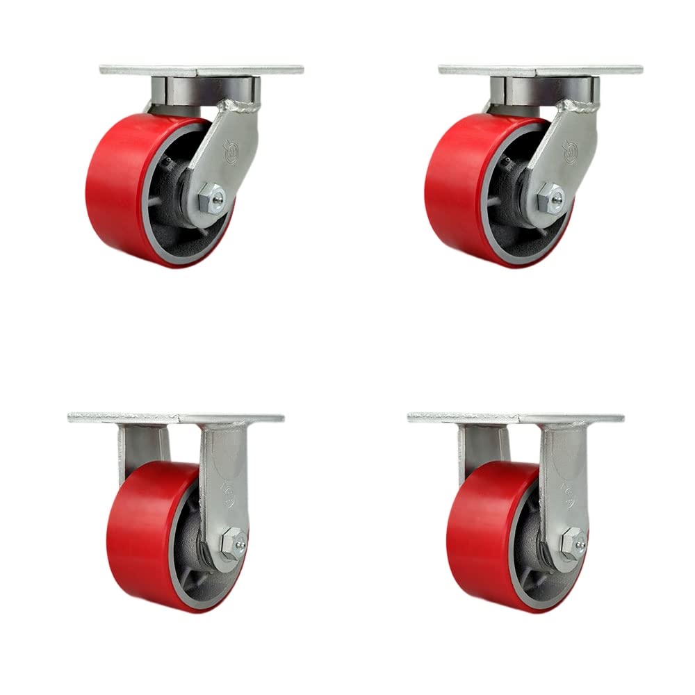 Extra Heavy Duty Kingpinless 6”x3” Red Poly on Cast Iron Swivel Caster Set for Cranes, Gantries, Hoists, and Winches-2 Swivel and 2 Rigid Casters-2,000lbs Per Caster-Set of 4-Service Caster Brand