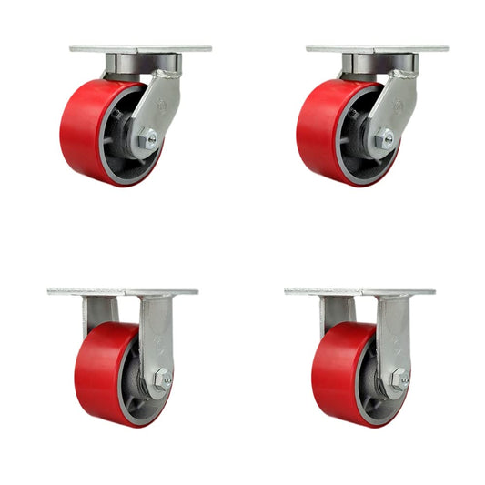 Extra Heavy Duty Kingpinless 6”x3” Red Poly on Cast Iron Swivel Caster Set for Cranes, Gantries, Hoists, and Winches-2 Swivel and 2 Rigid Casters-2,000lbs Per Caster-Set of 4-Service Caster Brand