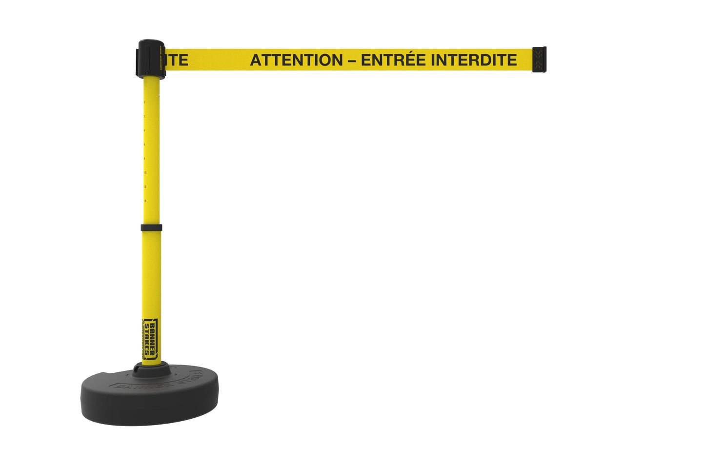 Banner Stakes Crowd Control Plus Cart Package & Accessory Tray, 75' Total Retractable Belt Barrier System - 5 Telescoping Stanchions w/ 15' Yellow "Attention - Entrée Interdite" Banners (PL4144T)