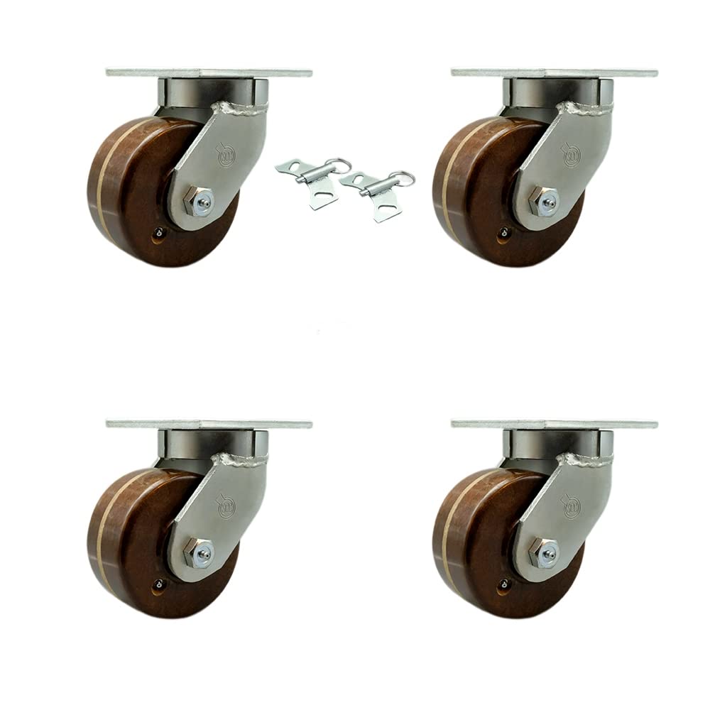 Extra Heavy Duty 6” x 3” High Temp Phenolic Swivel Caster Set for Cranes, Gantries, Hoists, and Winches-4 Swivel with 2 Bolt on Swivel Lock Brakes-2,000 lbs Per Caster–Set of 4-Service Caster Brand