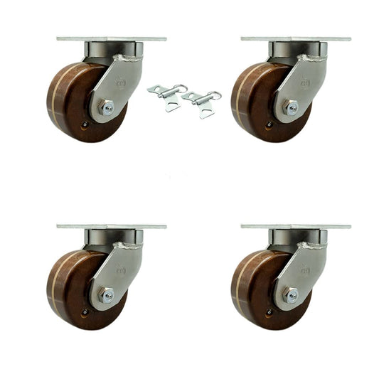 Extra Heavy Duty 6” x 3” High Temp Phenolic Swivel Caster Set for Cranes, Gantries, Hoists, and Winches-4 Swivel with 2 Bolt on Swivel Lock Brakes-2,000 lbs Per Caster–Set of 4-Service Caster Brand