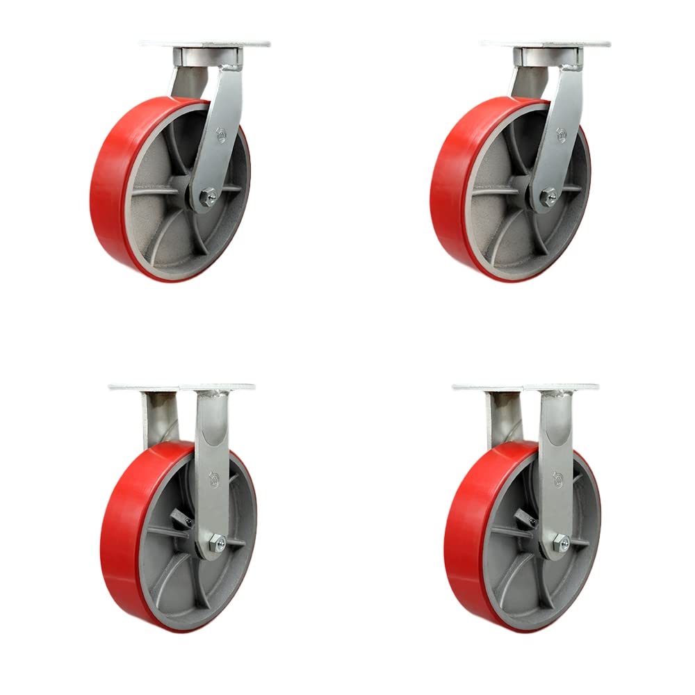 Extra Heavy Duty Kingpinless 10”x3” Red Poly on Cast Iron Swivel Caster Set for Cranes, Gantries, Hoists, and Winches-2 Swivel and 2 Rigid Casters-3,000lbs Per Caster-Set of 4-Service Caster Brand