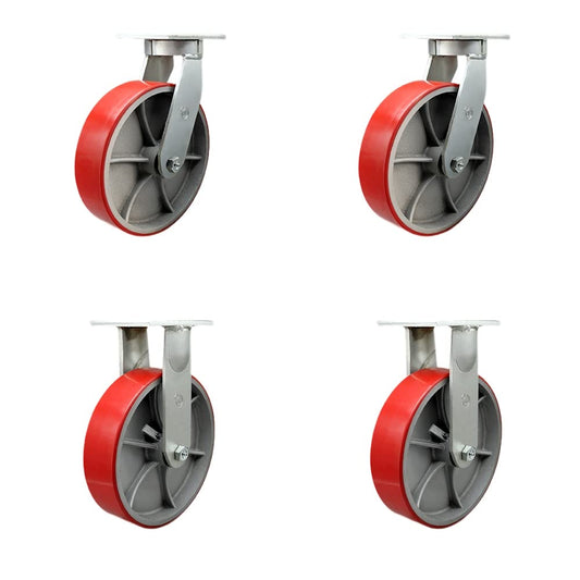 Extra Heavy Duty Kingpinless 10”x3” Red Poly on Cast Iron Swivel Caster Set for Cranes, Gantries, Hoists, and Winches-2 Swivel and 2 Rigid Casters-3,000lbs Per Caster-Set of 4-Service Caster Brand