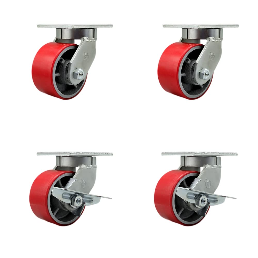 Extra Heavy Duty 6” x 3” Red Poly on Cast Iron Swivel Caster Set for Cranes, Gantries, Hoists, and Winches - 4 Swivel with 2 Side Lock Brakes -2,000 lbs Per Caster–Set of 4 - Service Caster Brand