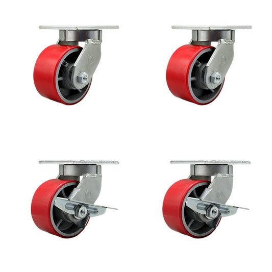 Extra Heavy Duty 6” x 3” Red Poly on Cast Iron Swivel Caster Set for Cranes, Gantries, Hoists, and Winches - 4 Swivel with 2 Side Lock Brakes -2,000 lbs Per Caster–Set of 4 - Service Caster Brand