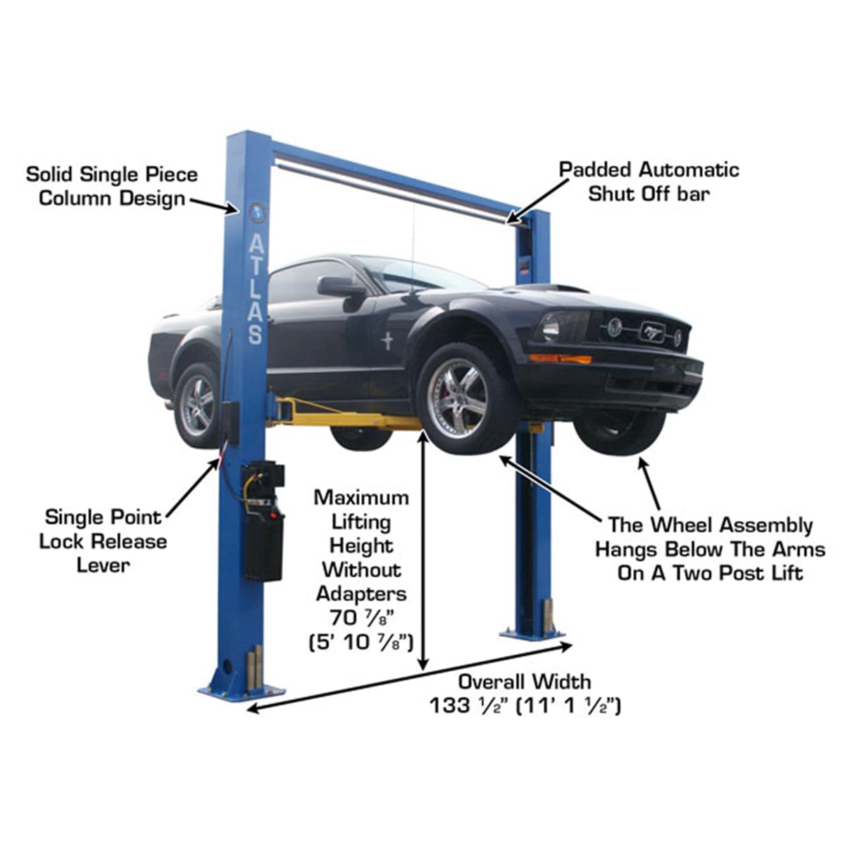 Atlas Automotive Equipment 9OHSC-SS 2-Post Vehicle Overhead Lift, 11’9” Minimum Ceiling Height, 9,000lb Capacity, Clear Floor, 11'10" Height, 3-Stage Front and 2-Stage Rear Arms, for DIY/Hobbyists