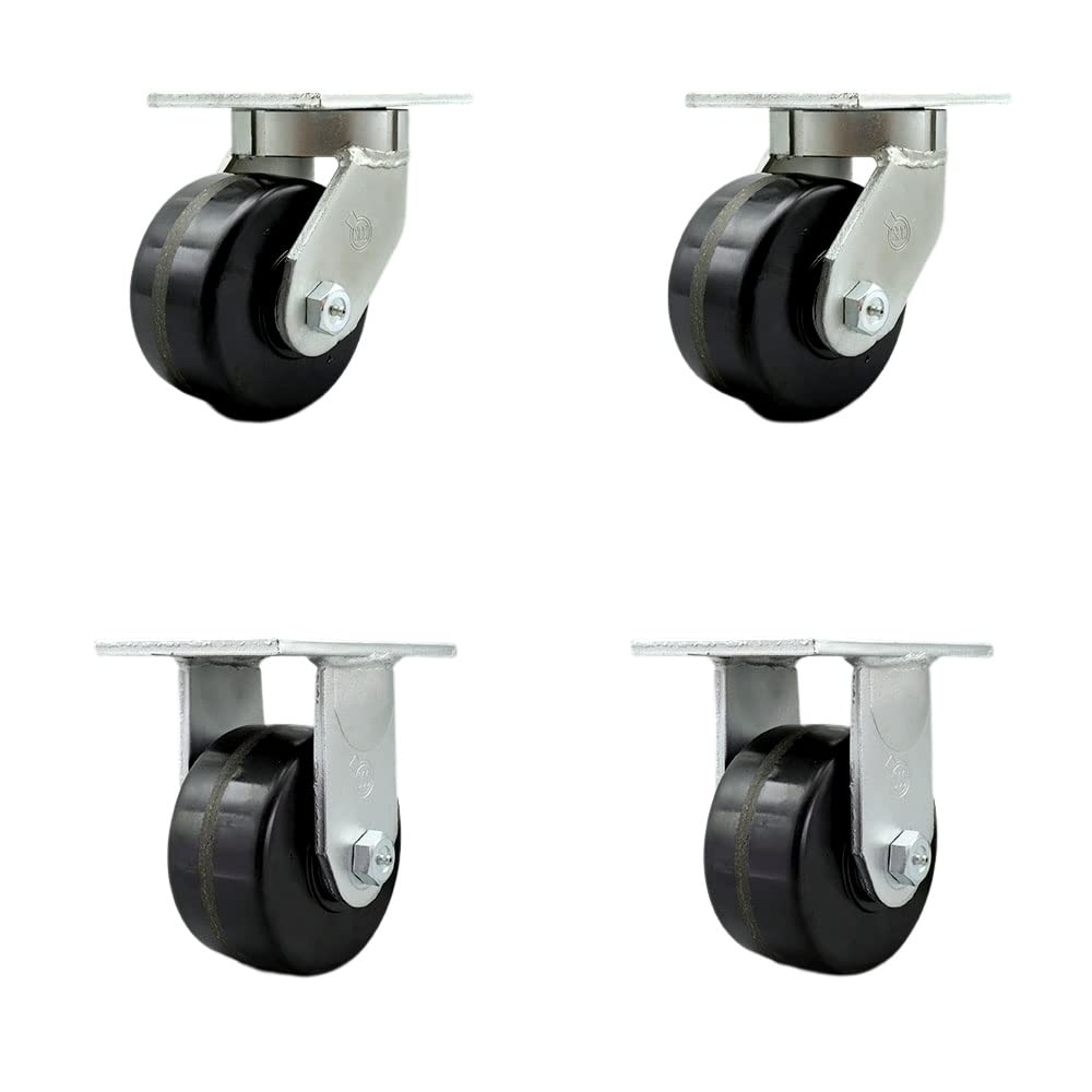 Extra Heavy Duty Kingpinless 6” x 3” Phenolic Swivel Caster Set for Cranes, Gantries, Hoists, and Winches - 2 Swivel and 2 Rigid Casters - 2,000 lbs Per Caster – Set of 4 - Service Caster Brand