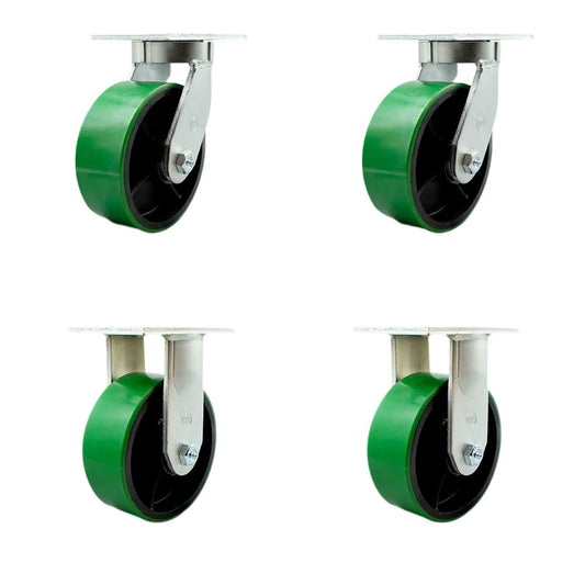 Extra Heavy Duty Kingpinless 8”x3” Green Poly on Cast Iron Swivel Caster Set for Cranes, Gantries, Hoists, and Winches-2 Swivel and 2 Rigid Casters-2,500lbs Per Caster-Set of 4-Service Caster Brand