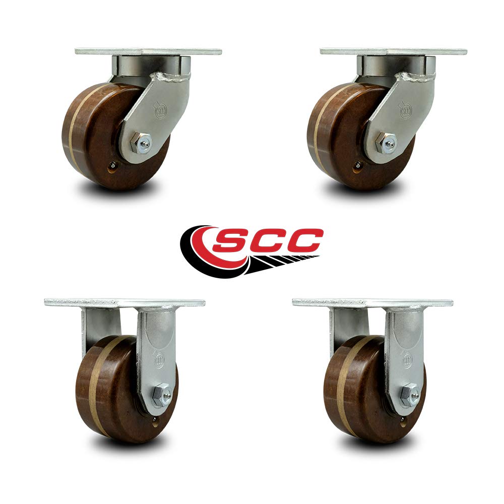 Extra Heavy Duty Kingpinless 6” x 3” High Temp Phenolic Swivel Caster Set for Cranes, Gantries, Hoists, and Winches-2 Swivel and 2 Rigid Casters-2,000 lbs Per Caster – Set of 4 - Service Caster Brand