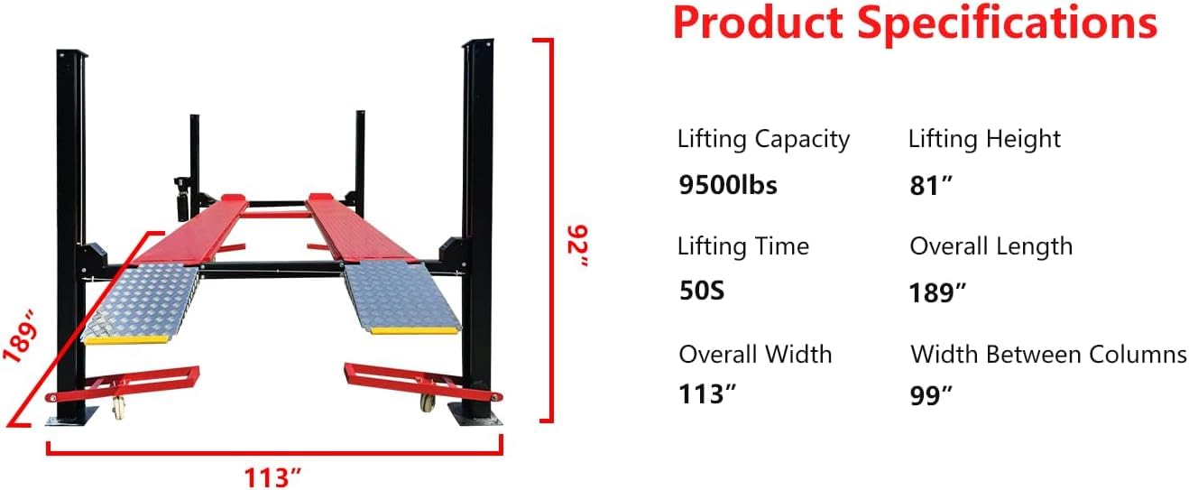 KATOOL 9500lbs 3.0HP 4 Post Lift with Moving Kits/Caster Aluminum Ramp Extra Height Four Post Lift 84" Lifting Height Storage Service Lift Home Parking Lift, 110v, with Oil Tray, Jack Tray