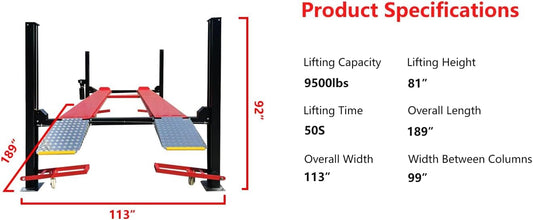 KATOOL 9500lbs 3.0HP 4 Post Lift with Moving Kits/Caster Aluminum Ramp Extra Height Four Post Lift 84" Lifting Height Storage Service Lift Home Parking Lift, 110v, with Oil Tray, Jack Tray