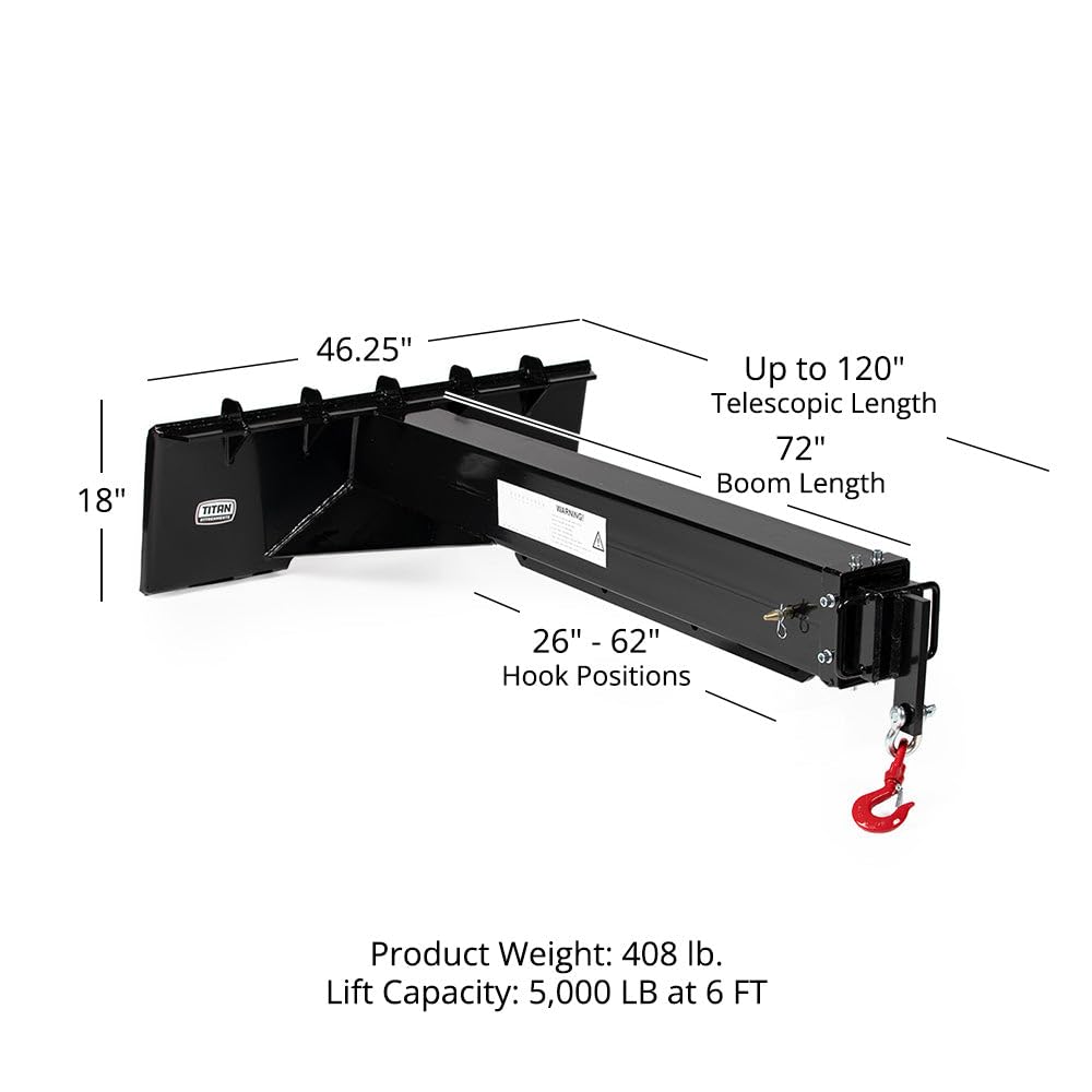 Titan Attachments Skid Steer Adjustable Jib Crane with 3 Ton Hook, 120" Manual Telescoping Boom, Adjustable Hook Points, SSQA Skid Steer Connection, 5,000 LB Max Lift Capacity