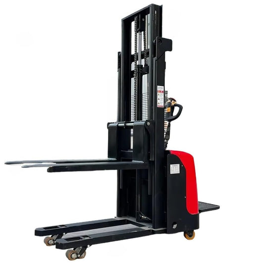 Full Electric Small Pallet Stacker, Standing Mini Forklift, 1.5–2 Ton Electric Stacker with 2m 3m 4.5m Lifting Height Options, Adjustable Forks, PU Wheels, Warehouse Material Handling Equipment