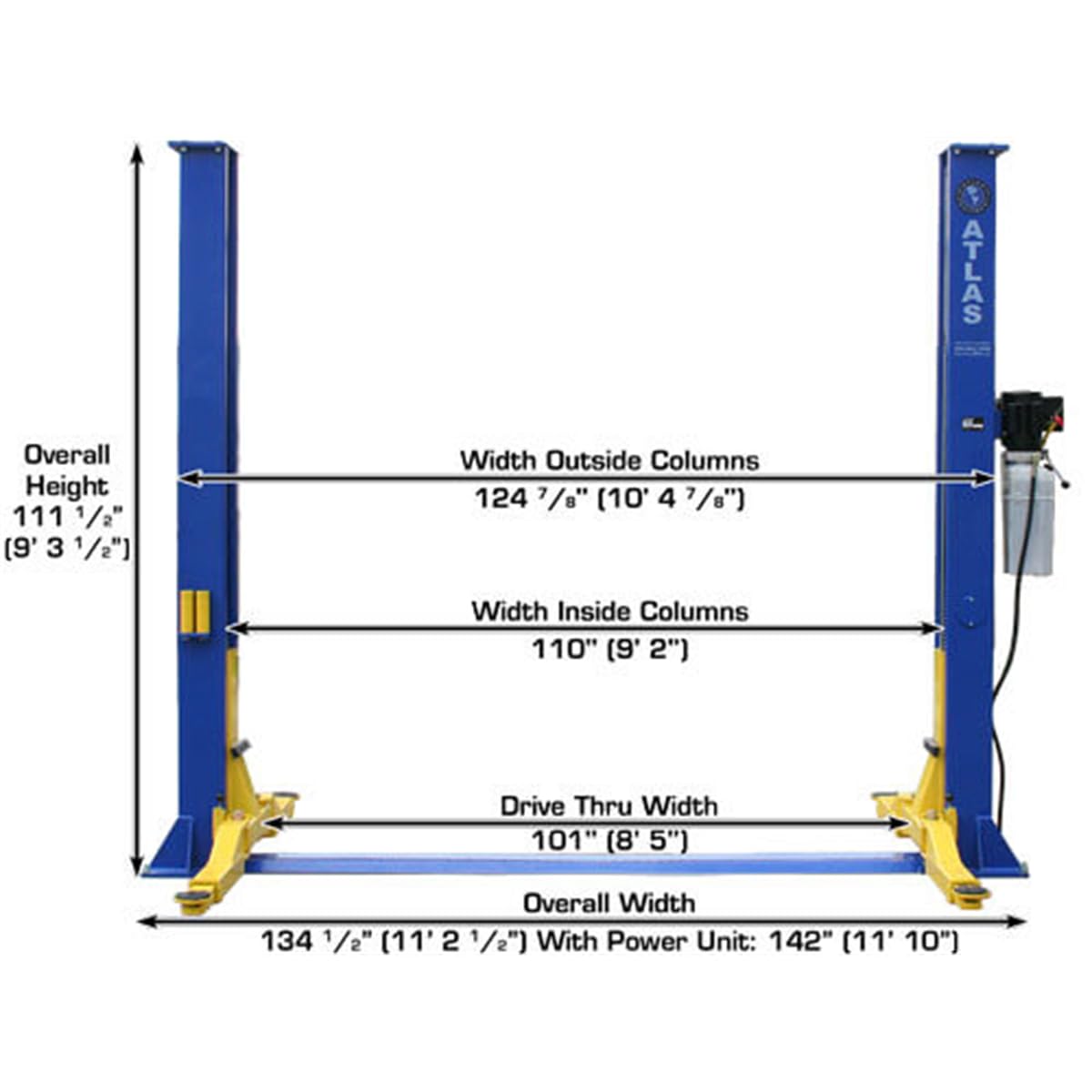 ATLAS Automotive Equipment 9KBPX 2-Post Lift/Hoist, Baseplate Style, 9'6" Minimum Ceiling Height, 9,000lb Capacity, Symmetric Arms, Dual Hydraulic Chain Drive Cylinders, for Low Ceiling Home Use