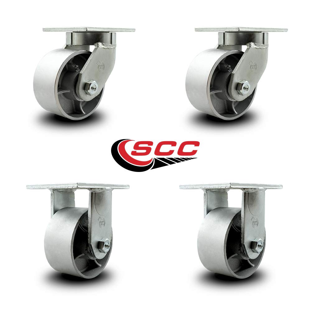Extra Heavy Duty Kingpinless 6” x 3” Semi Steel Cast Iron Swivel Caster Set for Cranes, Gantries, Hoists, and Winches-2 Swivel and 2 Rigid Casters-2,500 lbs Per Caster-Set of 4 - Service Caster Brand