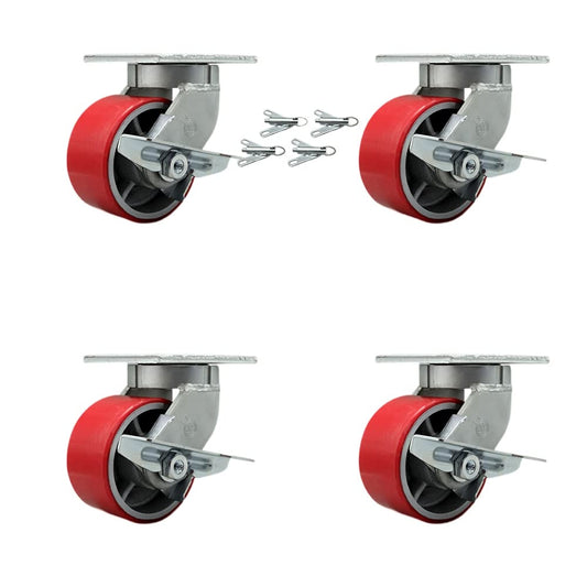 Extra Heavy Duty 6” x 3” Red Poly on Cast Iron Swivel Caster Set for Cranes, Gantries, Hoists, and Winches-4 Swivel with Brakes and Bolt-On Locks-2,000 lbs Per Caster-Set of 4- Service Caster Brand