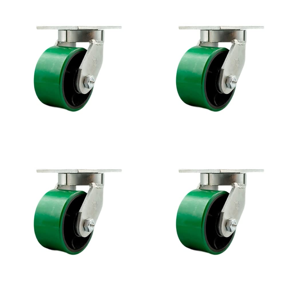 Extra Heavy Duty 6” x 3” Green Poly on Cast Iron Swivel Caster Set for Cranes, Gantries, Hoists, and Winches-4 Swivel with 2 Bolt on Swivel Locks-2,000 lbs Per Caster–Set of 4-Service Caster Brand