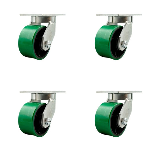 Extra Heavy Duty 6” x 3” Green Poly on Cast Iron Swivel Caster Set for Cranes, Gantries, Hoists, and Winches-4 Swivel with 2 Bolt on Swivel Locks-2,000 lbs Per Caster–Set of 4-Service Caster Brand