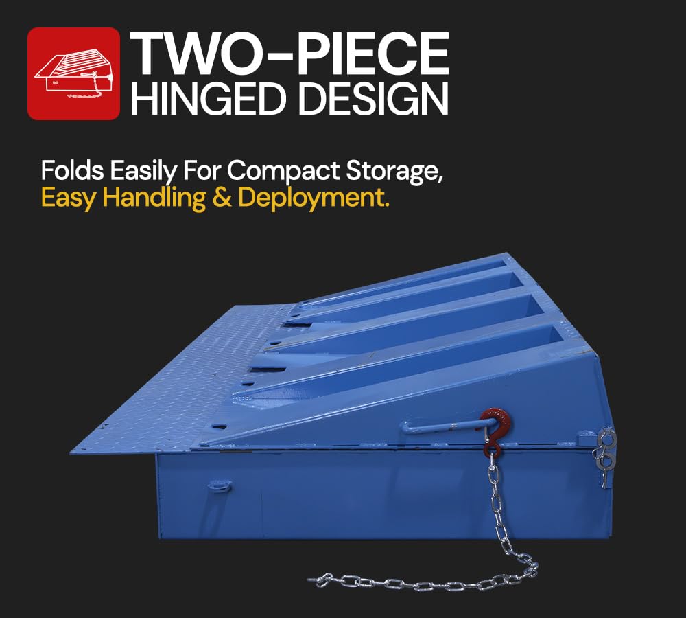 Mytee Products 71" x 88" Heavy Duty Foldable Shipping Container Ramp with Safety Chain & D Shackle - 14,000 Lbs WLL for Forklift & Hand Truck - Blue