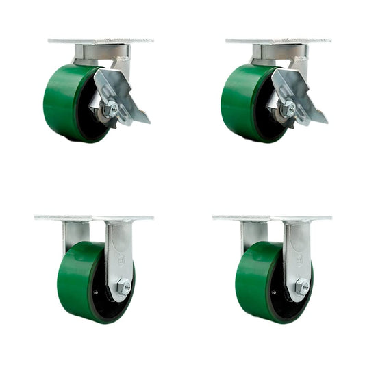 Extra Heavy Duty 6” x 3” Green Poly on Cast Iron Swivel Caster Set for Cranes, Gantries, Hoists, and Winches - 2 with Brake and Swivel Lock/2 Rigid-2,000 lbs Per Caster-Set of 4- Service Caster Brand